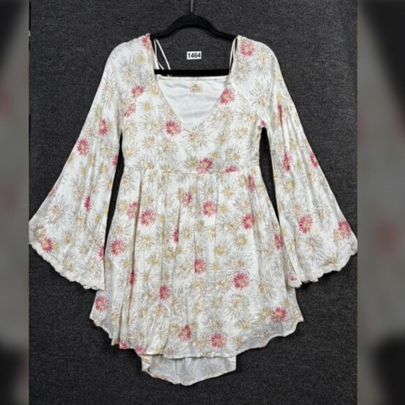 O'neill Gretchen Bell Sleeve Blouson Dress Size large L White Floral Bohemian - Picture 1 of 11